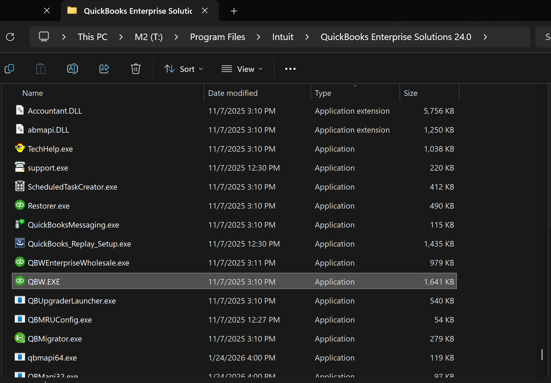 Locating QBW.EXE in the QuickBooks installation folder