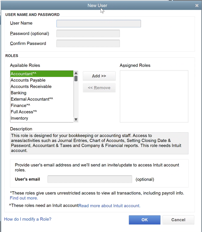 Create the QuickBooks user